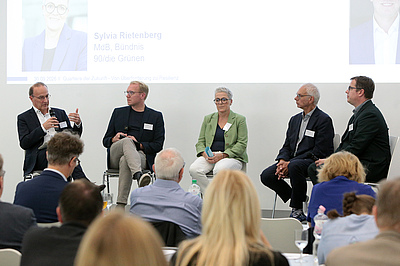(v. li.) Dr. Christian Lieberknecht (GdW), Hendrik Bollmann (MdB, SPD), Sylvia Rietenberg (MdB, Bündnis 90/DIE GRÜNEN), Mathias Metzmacher (BBSR), Prof. Dr. Torsten Bölting (InWIS). Bildquelle: EBZ/Andreas Molatta.